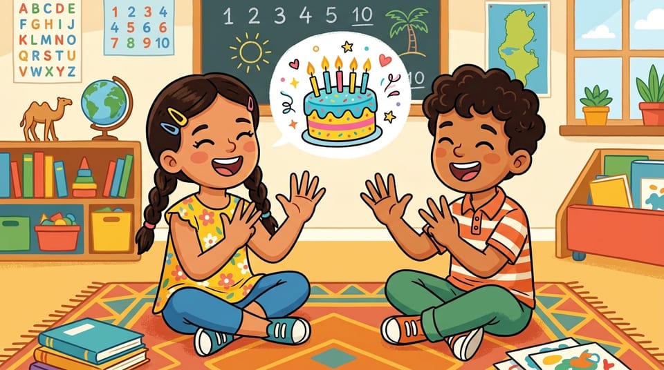 Nora et Adam comptent sur leurs doigts ensemble, avec un gâteau d'anniversaire qui apparaît dans une bulle